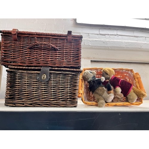 67 - 2 WICKER HAMPER BASKETS, WICKER BASKET & 3 MEERKAT COLLECTABLES