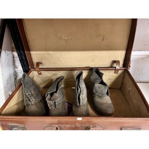 124 - VINTAGE SUITCASE & 2 PAIRS OF VINTAGE WORK CLOGS