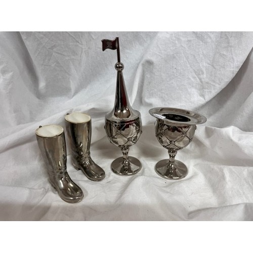 220 - 2 PIECES OF SILVER PLATED KARSHI - JERUSALEM 1955 & A PAIR OF SILVER PLATED GRENADIER RIDING BOOTS