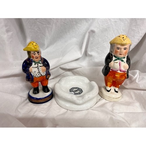 222 - PAIR OF CERAMIC FIGURAL CRUETS & A STONITE PICKUPS HORWICH ASHTRAY