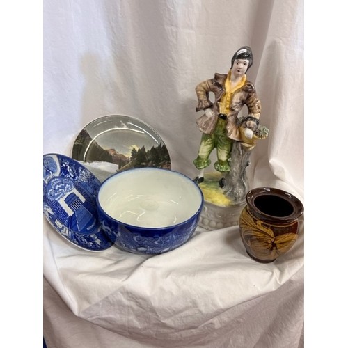 283 - TALL CAPODIMONTE FIGURE, GLAZED TERACOTTA POT, WILLOW BOWL, LINCOLN PLATE & ROYAL DOULTON PLATE