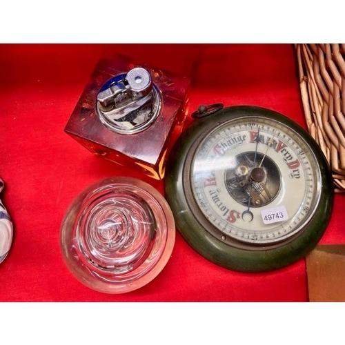 289 - WALL BAROMETER, GLASS TABLE LIGHTER & GLASS PAPERWEIGHT