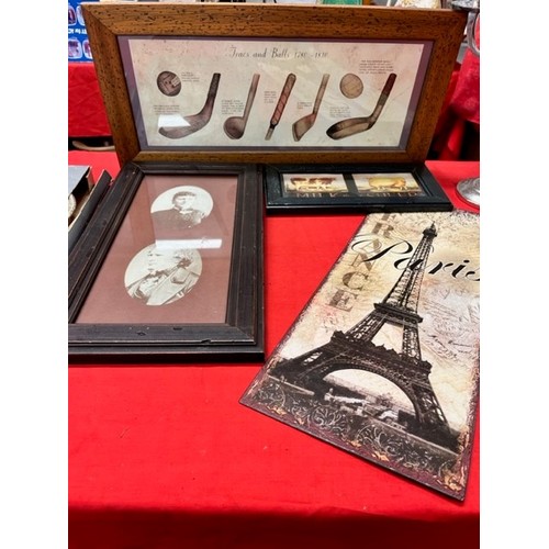 21 - METAL 'EIFEL TOWER, PARIS' WALL ART & 3 FRAMED PICTURES