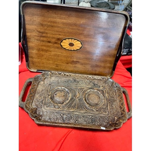 305 - 1860'S BURMESE CARVED WOOD TRAY & A BRASS TRIM INLAID TRAY