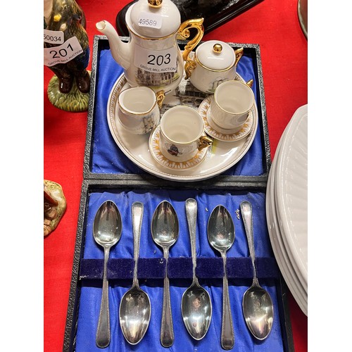 203 - 8 PIECE MINIATURE YORK MINSTER TEA FOR TWO & CASED PLATED TEASPOON SET