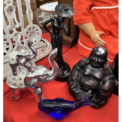 218 - BUDDHA FIGURE, FIGURAL PEN HOLDER, SMALL JEWELLED ELEPHANT FIGURE & A GLASS 'DOLPHIN' PAPERWEIGHT