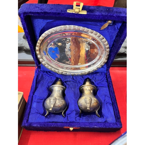 226 - CASED PLATED CRUET SET WITH TRAY