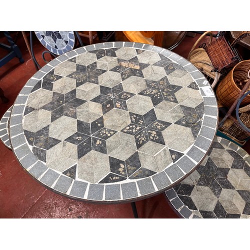 67 - METAL TILE TOPPED BISTRO TABLE WITH 2 CHAIR(RESERVED AT £25)