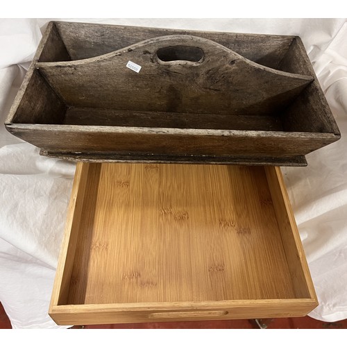 67 - WOODEN TRAY & CUTLERY TRUG