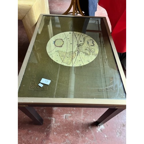 15 - WOOD & BRASS TRIM GLASS TOP 'MAP' TABLE