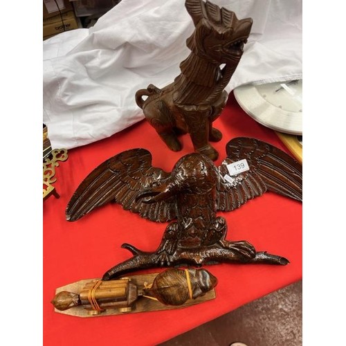 139 - CARVED WOOD 'EAGLE' WALL HANGING, DRAGON & ELEPHANT FIGURES