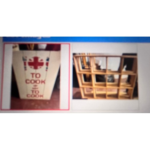 14 - WOODEN DISPLAY WALL SHELVES & WOODEN 'TO COOK OR NOT TO COOK' WALL HANGING