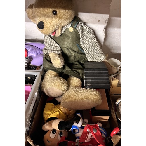 73 - BOX OF TOYS INCL LARGE TEDDY BEAR