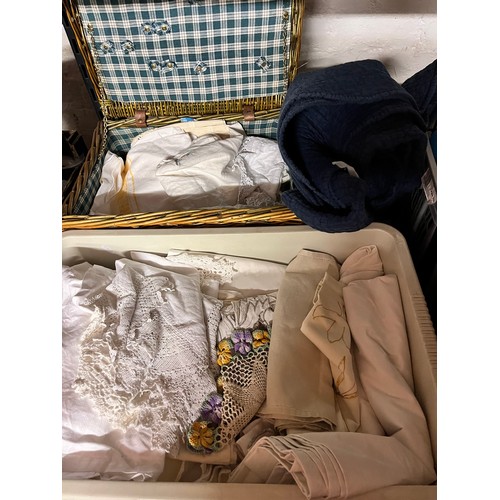 75 - BASKET & BOX OF LINENS & 2 THROWS