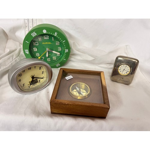 168 - 3 MANTLE CLOCKS & A WOODEN CASED COMPASS (W/O)