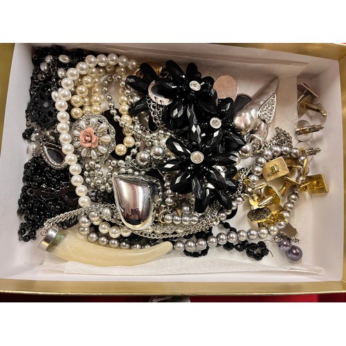 175 - BOX OF COSTUME JEWELLERY & CUFFLI MS