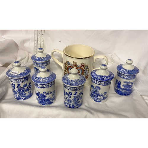 215 - 6 SPODE 'BLUE ROOM' HERB JARS & ROYAL TUDOR 'CHARLES & DIANA' TWO HANDLED CUP