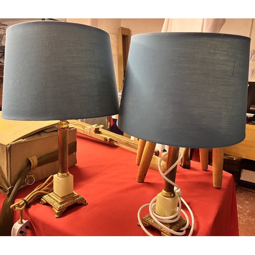 223 - PAIR OF ONYX & BRASS LAMPS & SHADES (GWO)