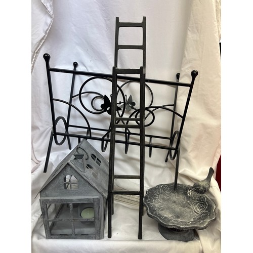 206 - BLACK METAL MAGAZINE RACK, BIRD FEEDER, TEALIGHT 'HOUSE' & WROUGHT IRON 'CHAIR'