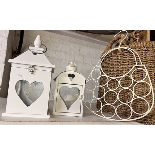 51 - 2 CREAM METAL LANTERNS & CREAM METAL SCARF HOLDER