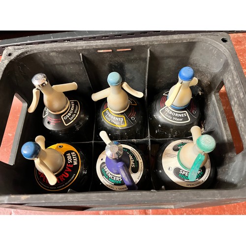 43 - CRATE OF GLASS SODA SYPHONS INCL SPENCERS