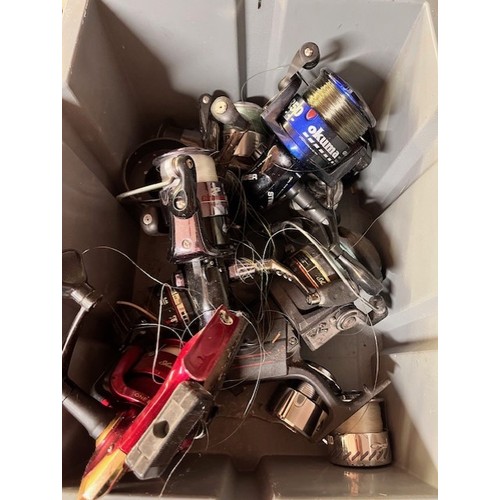 53 - TUB OF FISHING REELS INCL OKUMA & SHAKESPEARE