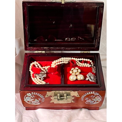 201 - MOTHER OF PEARL DECORATED JEWELLERY BOX, PEARL NECKLACE & EARRINGS