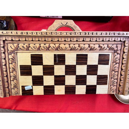 152 - WOODEN CASED CHESS SET WITH CARRY HANDLE