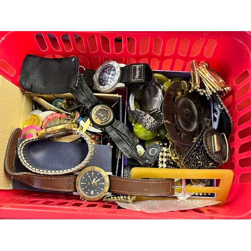 204 - BOX OF COSTUME JEWELLERY, WATCHES & BELT BUCKLES