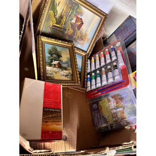 103 - BOX INCL CASED WATER COLOUR PENCILS, ACRYLIC PAINTS(NEW) & FRAMED OIL PAINTINGS