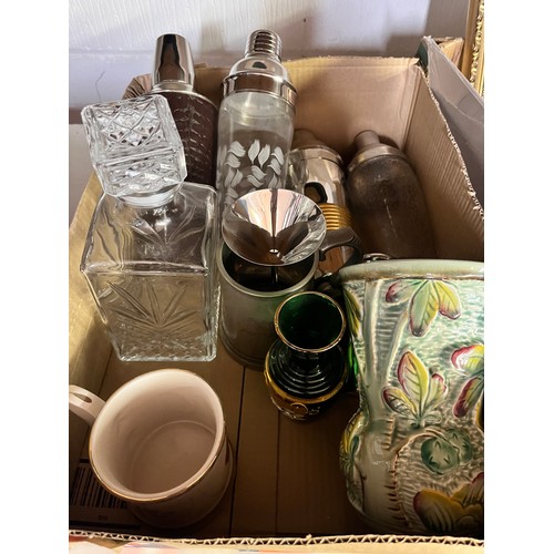 104 - BOX OF GLASS COCKTAIL SHAKERS, DECANTER, POTTERY VASE & TANKARD