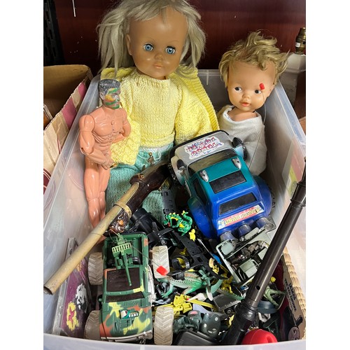 109 - BOX WITH 2 VINTAGE DOLL'S & PLAYWORN TOYS