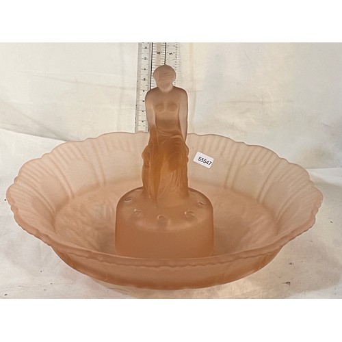 121 - ART DECO SOWERBY FROSTED PEACH GLASS SEATED LADY IN ROSE BOWL