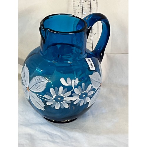 114 - HAND PAINTED BLUE GLASS JUG