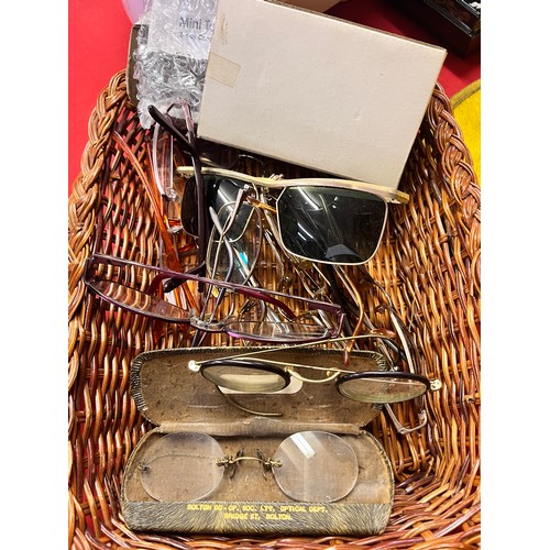 167 - BASKET OF EYE GLASSES INCL CASED VINTAGE