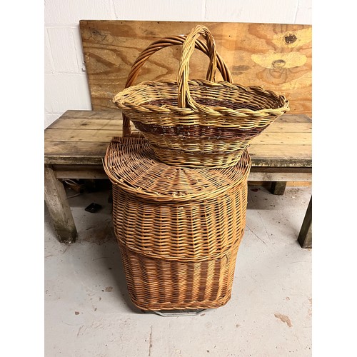 15 - LARGE WICKER LIDDED BASKET ON WHEELS & 1 OTHER