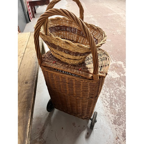 15 - LARGE WICKER LIDDED BASKET ON WHEELS & 1 OTHER