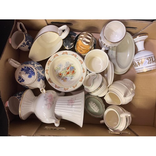 155 - BOX OF ASSORTED POTTERY & CHINA INCL WEDGWOOD & RINGTONS TEA POT