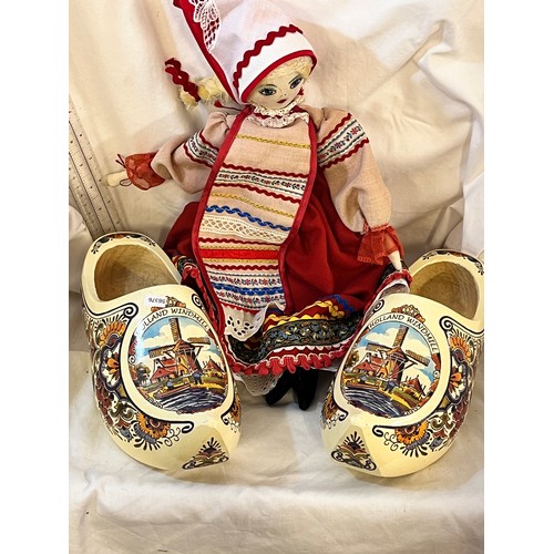 213 - PAIR OF DUTCH WOODEN CLOGS & A 'DUTCH' DOLL