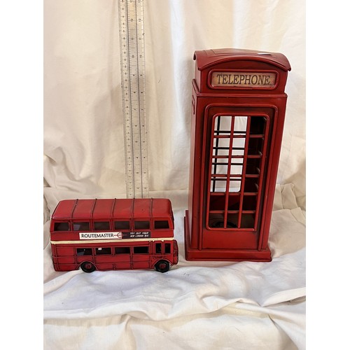 240 - METAL RED TELEPHONE MONEY BOX & METAL LONDON BUS MODEL