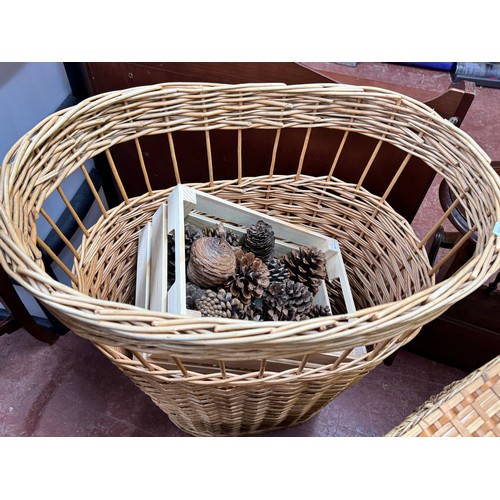 15 - TALL WICKER BASKET, 3 WICKER HAMPER BASKETS & A BOX OF PINE CONES