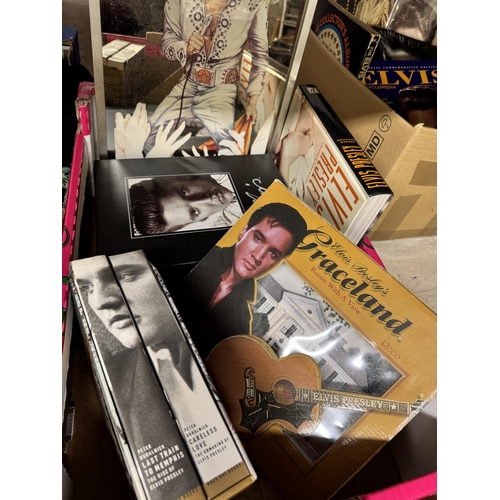 107 - BOX OF ELVIS COLLECTABLES INCL MAGAZINES BOOK & A T-SHIRT