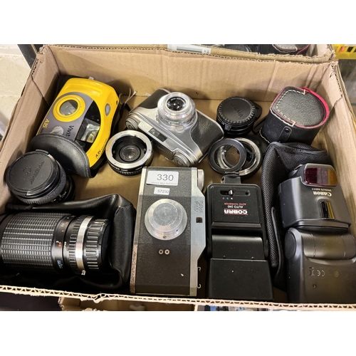 330 - BOX OF VINTAGE CAMERAS & LENS(A/F)