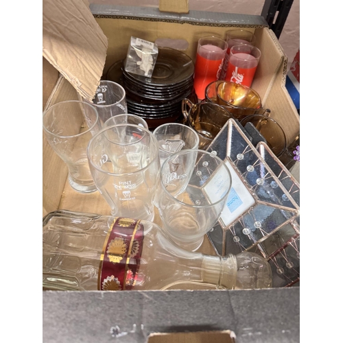 66 - BOX OF MIXED ITEMS INCL COCA COLA & GUINNESS GLASSES