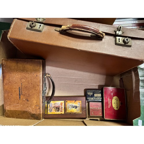 146 - BOX OF COLLECTABLES INCL LEATHER CASES, TRUNCHEON & TINS