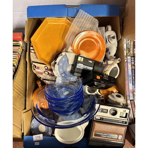 115 - BOX OF VINTAGE ITEMS INCL POTTERY, GLASS & CAMERAS