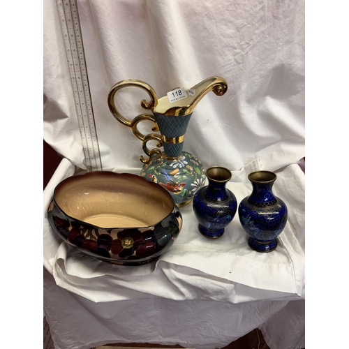 118 - PAIR OF CLOISONNE VASES, HAND PAINTED JUG & A BOWL