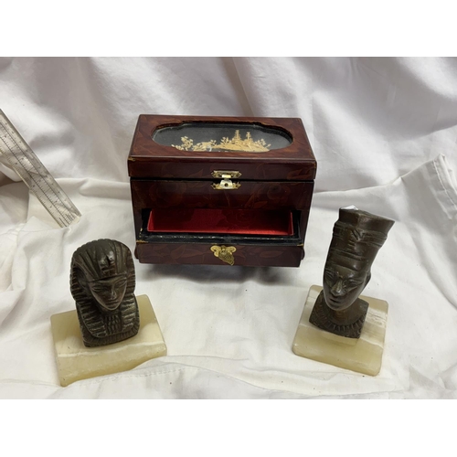 130 - SMALL JEWELLERY BOX & 2 EGYPTIAN FIGURES