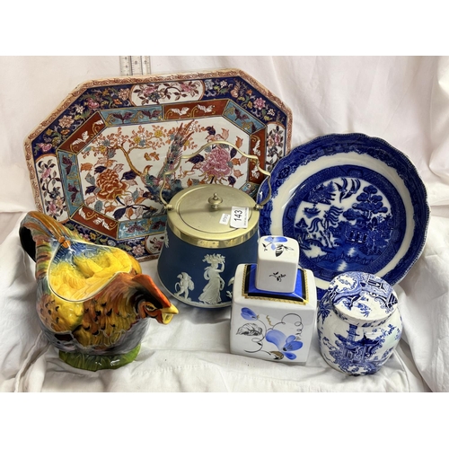 143 - 6 PIECES OF POTTERY INCL 'ROOSTER' TEAPOT, ORIENTAL PLATE