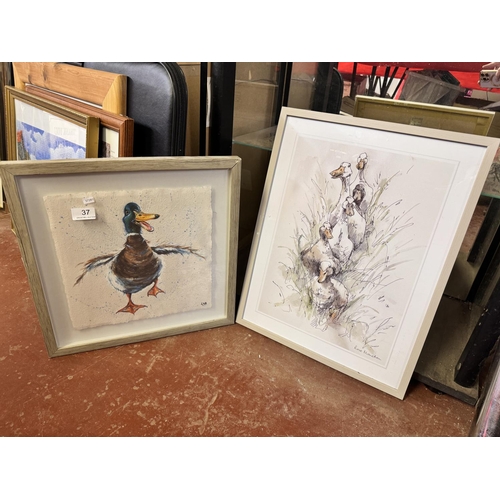 37 - FRAMED ROSE MORETON SIGNED 'DUCKS' PICTURE & A FRAMED 'DUCK' PICTURE ON PAPER SIGNED NAD